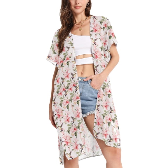 joogoo Women's Flowers Hibiscus and Birds Beach Cover Up Kimono Swimsuit Summer Cardigan Swimwear S