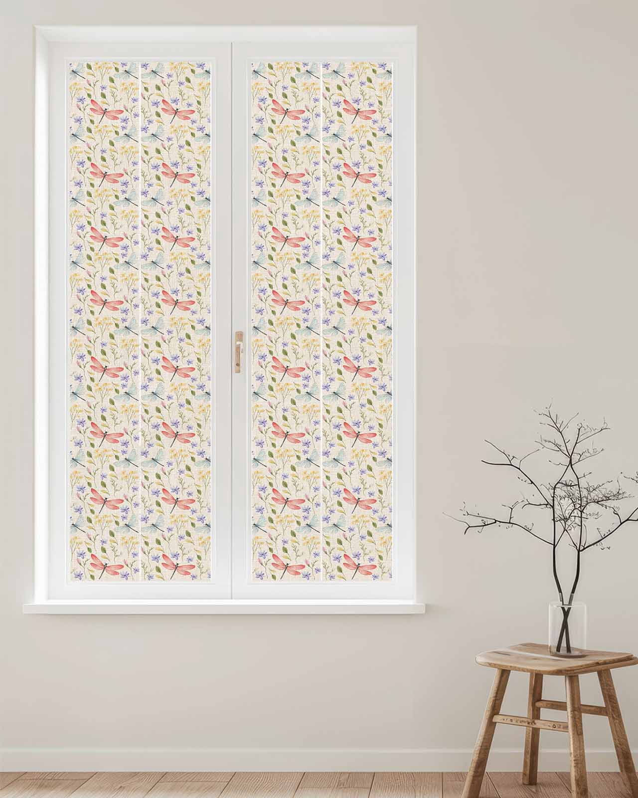Window Privacy Film Red Dragonfly Stained Glass Window Film Decorative Sun Block Window Cover Spring Botanical Pastoral Flowers Window Clings Static Adhesive Sticker for Bathroom 17.7"x78.7"