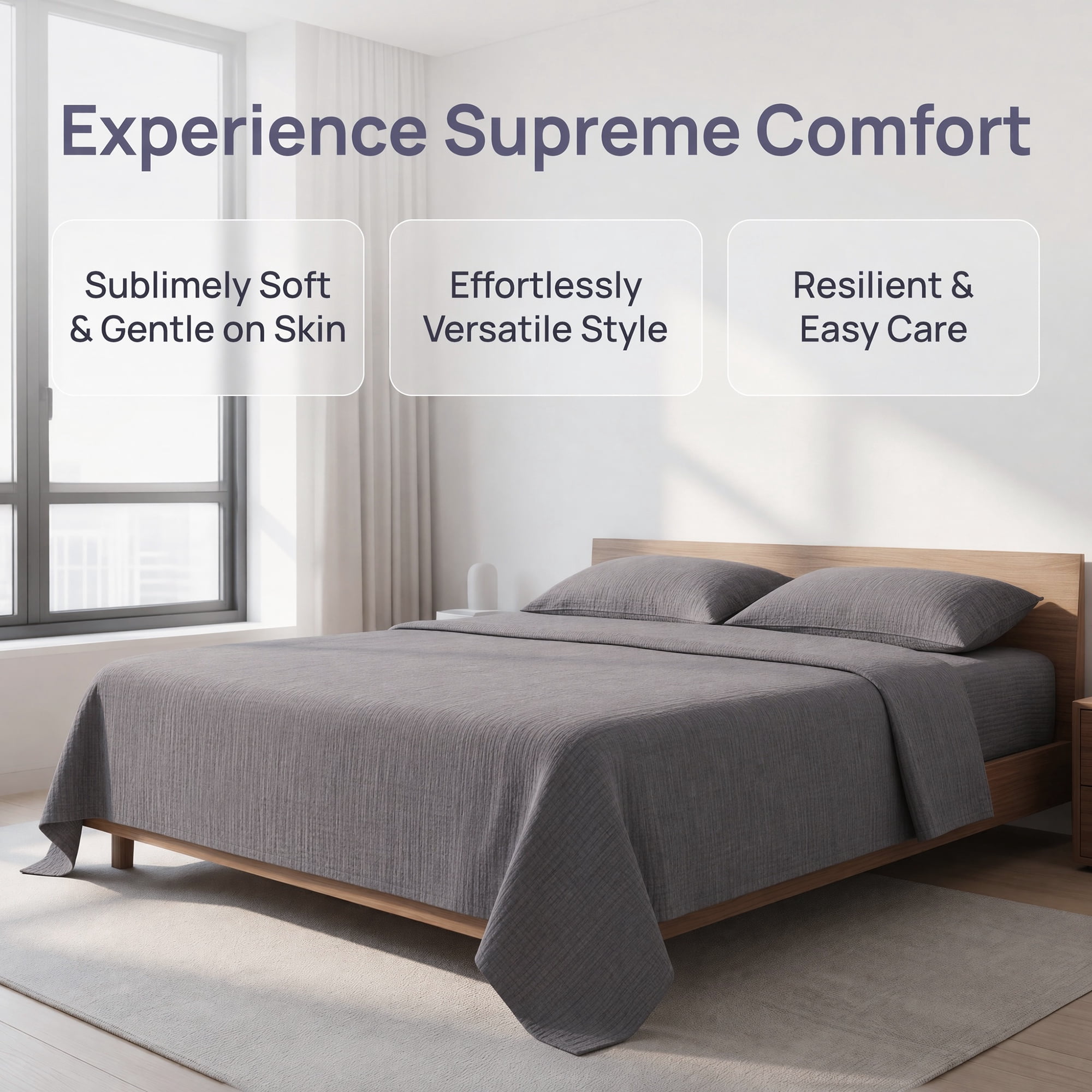 Unique Bargains Double Gauze Bed Sheet Flat Sheet Wrinkle Textured Bedding Gray 91"x96"