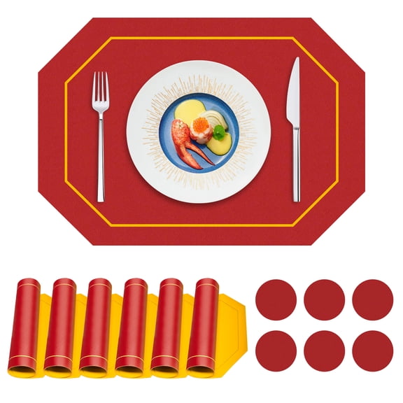 Lopxenu Reversible Faux Leather Placemats & Coasters Set (6 6) - Waterproof, Heat Resistant, Wipeable for Dining Table | Wine Red & Yellow | Wedding, Coffee Shop Decor