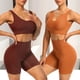 thumbnail image 4 of Conjunto de yoga acanalado para mujer, top corto de manga larga, pantalones cortos, conjunto de mallas, traje de fitness sin costuras, ropa activa sólida para gimnasio, ropa de entrenamiento, 4 of 5