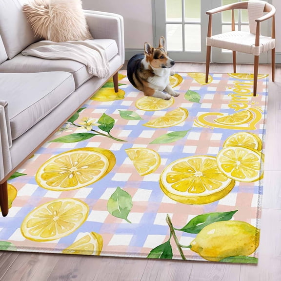 Watercolor Lemons Area Rugs 2.7'x5', Washable Small Throw Rugs for Kitchen Bedroom, Summer Purple Pink Buffalo Plaid Indoor Outdoor Rug Non-Slip Low Pile Carpet Runner Reversible Floor Mats