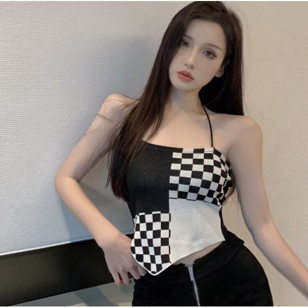 VISgogo, chaleco para mujer, estampado de tablero de ajedrez en contraste, sin mangas, diseño Halter, dobladillo Irregular, ropa de calle, Tops VISgogo moda