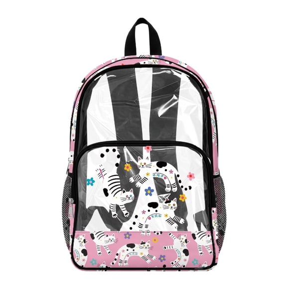 Whosucclay Cat Pattern See Through Book Bag Transparent Durable Transparent Backpack with Wide Shoulder Straps PVC, Kindergarten Elementary Bookbag for Girls Boys