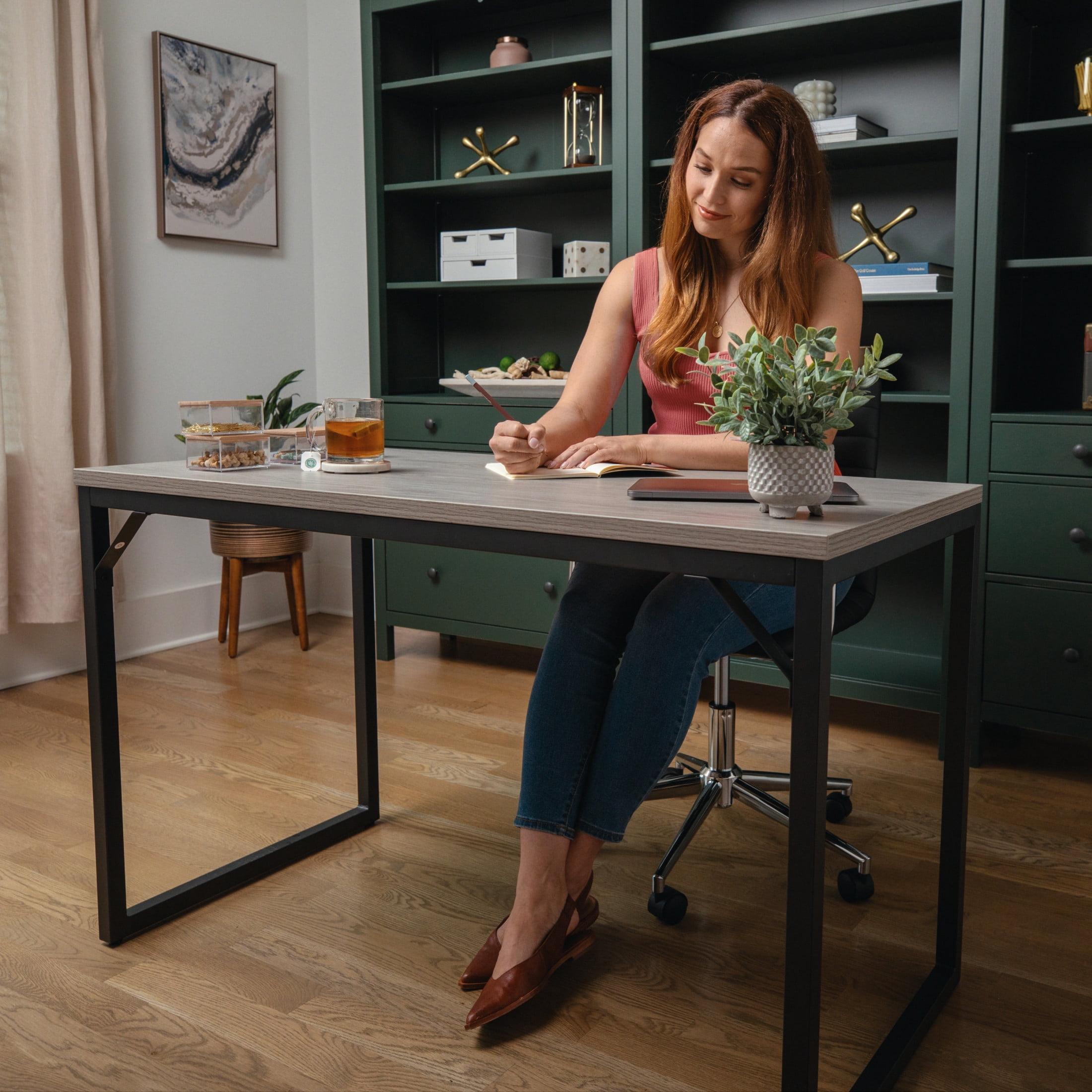 Martha Stewart Noah Home Office Parsons Desk in Gray Wood Grain with Oil Rubbed Bronze Metal Frame