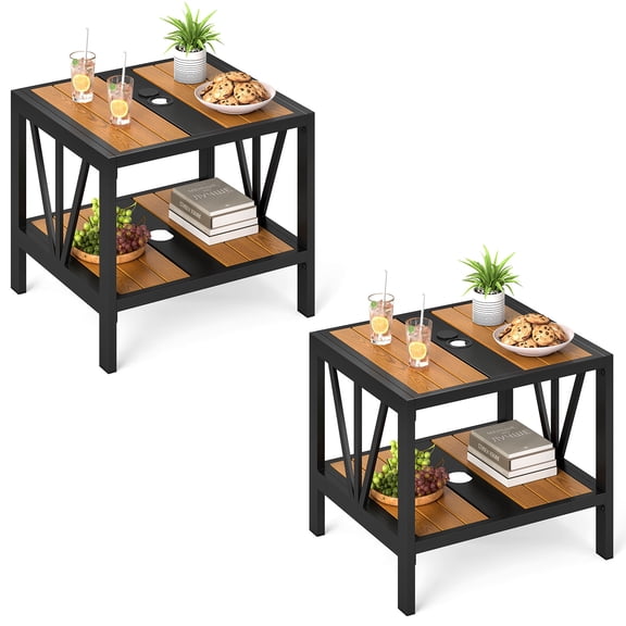 Gymax 2PCS Outdoor Side Table 2-Tier Coffee End Table w/ 1.57'' Umbrella Hole Storage Shelf