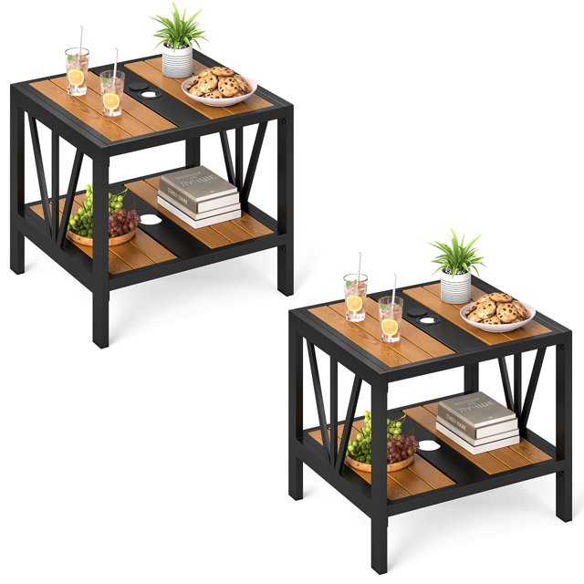 Gymax 2 Pcs Table d'Appoint d'Extérieur à 2 Niveaux Table de Bout pour Café avec Trou pour Parasol de 1,57 Pieds' Tablette de Rangement