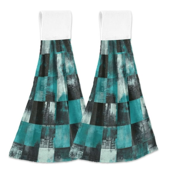 2pcs Kitchen Hanging Towels Bathroom Hanging Towels Velcro Soft Hand Towel Absorbent Tie Towels for Kitchen Toilet Tea Bar Washcloth Decor Teal and Black Squares
