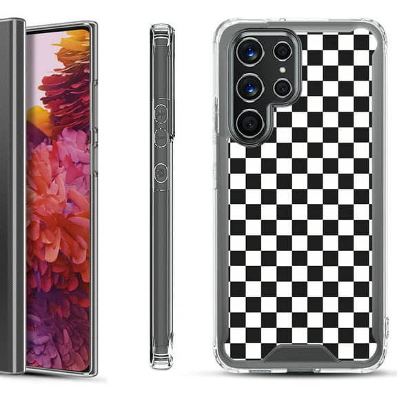 Shockproof Bumper Phone Case for Samsung Galaxy S22 Ultra 5G, by OneToughShield ® - Checker B/W