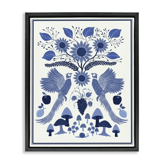 Stupell Industries Woodland Blue Folk Pattern Plants & Flowers Painting Black Floater Framed Canvas Art Print Wall Art, 17 x 21