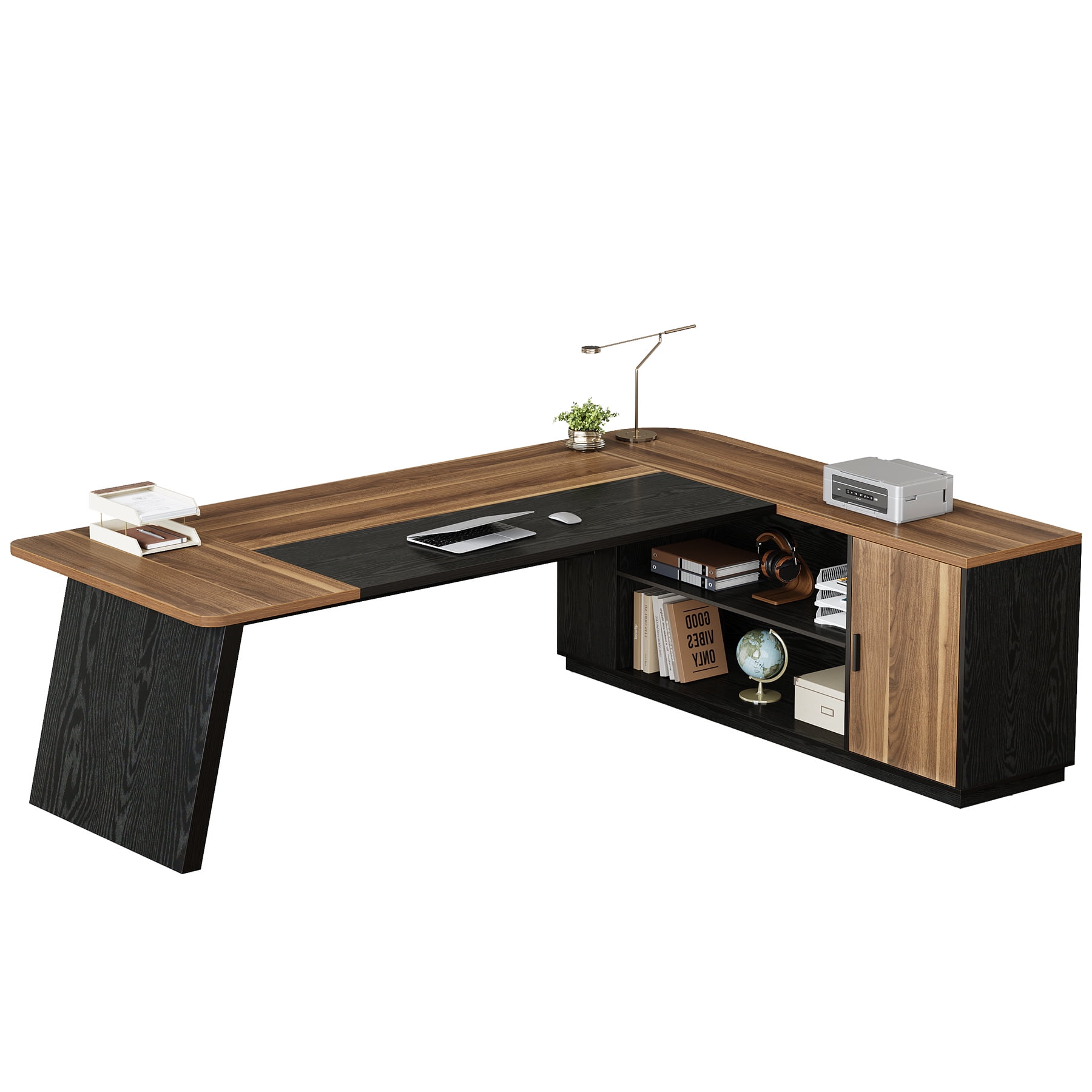 Finmind Executive Desk with Cabinet, 79-Inch L-Shaped Computer Table with Storage Shelves, Office Desk for Home Office, Brown and Black