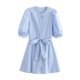 thumbnail image 3 of HH TRAF 2024 Vestido mini casual para mujer, liso, cuello redondo, manga abullonada, cinturón con lazo, botonadura sencilla, vestidos de verano para mujer, moderno, 3 colores, 3 of 5