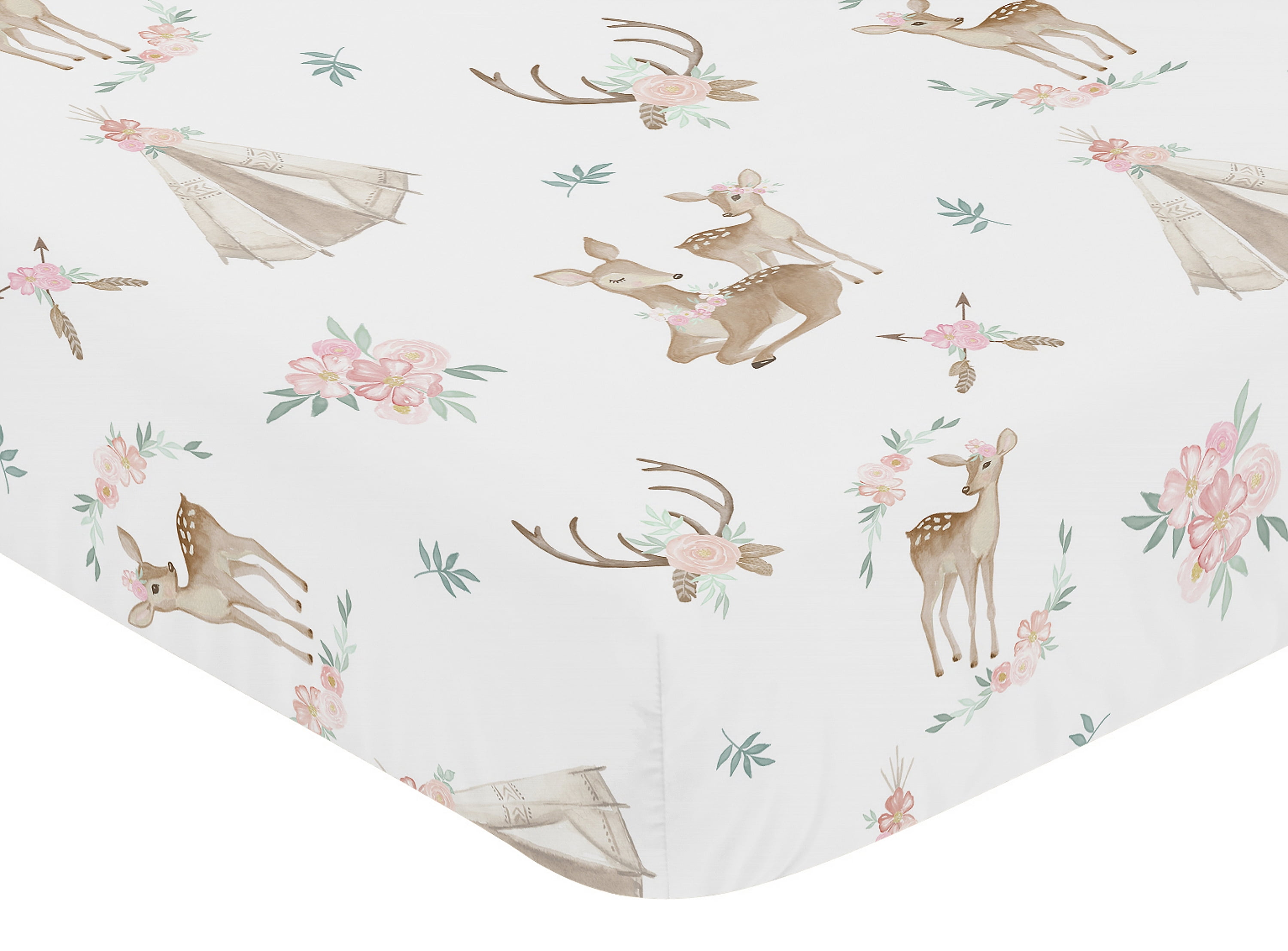 Sweet Jojo Designs Deer Floral Pink, Green, Tan and White Fitted Crib Sheet