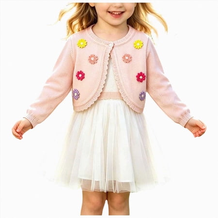 TOWED22 Girls Long Sleeve Bolero Cardigan Kids Button Closure Knitted Shrug Cropped Sweaters Tops Light Pink 13-14 Y
