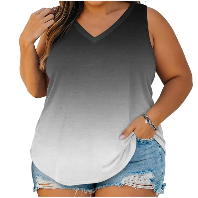 StSilkitty Plus Size Tank Tops for Womens Gradient Color Loose V Neck Blouses Summer Beach Lightweight Soft Shirts
