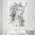 thumbnail image 1 of Floral Tapestry, Portrait of a Beautiful Woman with Flowers on Her Hair and Butterflies Pattern, Wall Hanging for Bedroom Living Room Dorm Decor, 60W X 80L Inches, Pearl and White, by Ambesonne, 1 of 2