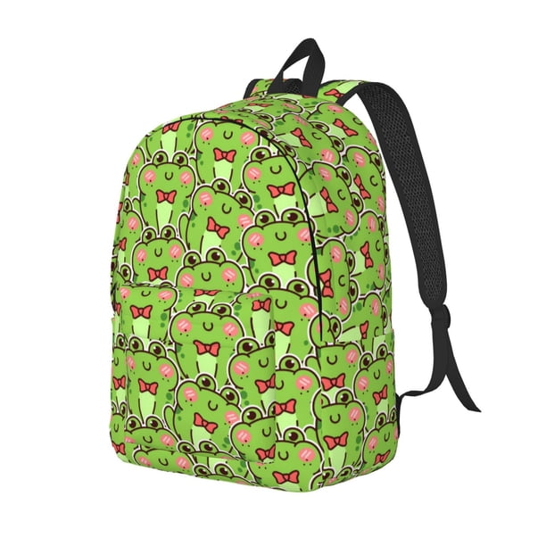 Disketp Cute Green Frog Mochila de Lona Estampada, Mochila Escolar de Viaje Ligera para Estudiantes y Portátil-Medium