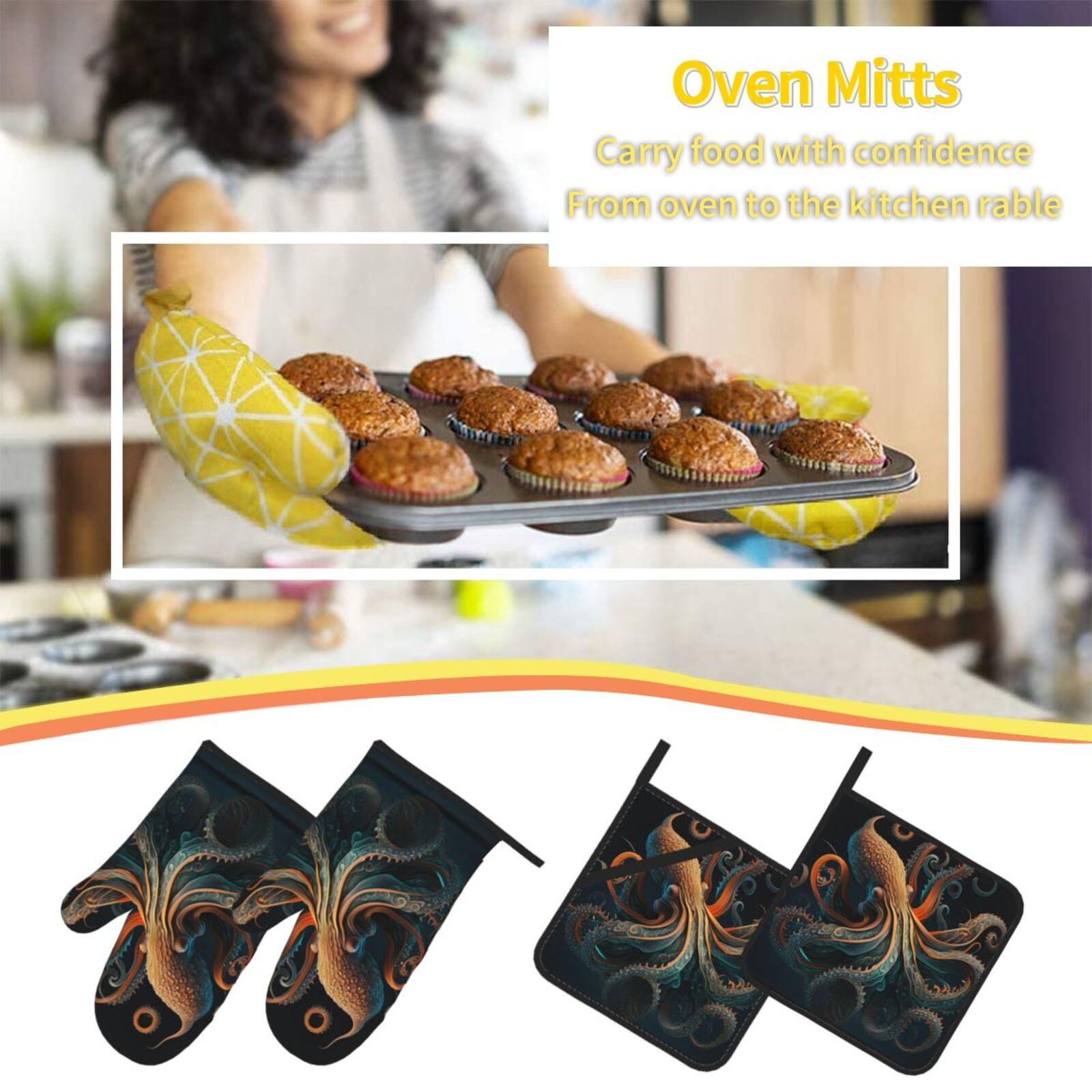 Octopus Twisted Tentacles Art 4Pcs Oven Mitts and Pot Holders Sets Oven Kitchen Gloves Hot Pads for Cooking BBQ Baking Grilling