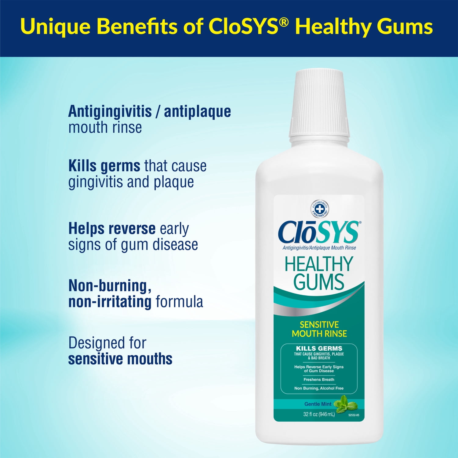 CloSYS Healthy Gums Oral Mouthwash, Gentle Mint, 32 fl oz