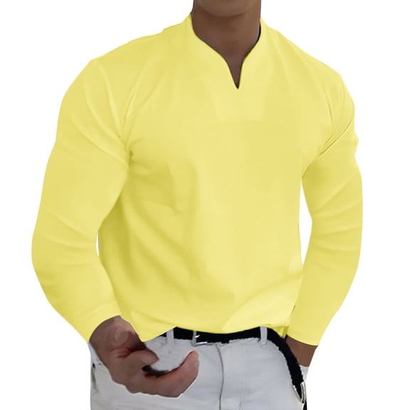 Krdevn Mens Shirts - Men Spring Spring &Winter Casual V Neck Solid Long Sleeve Tee Shirt Top Blouse,Mens Fall Shirts,Color:Yellow,Size:XL
