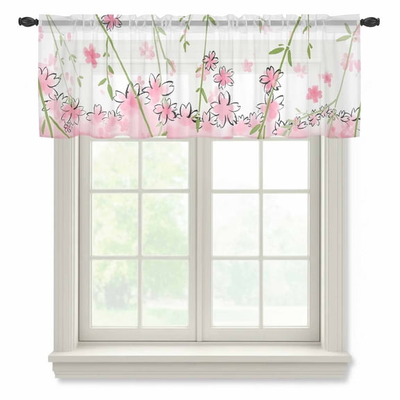 Pink Flowers Valance Curtains for Kitchen/Living Room/Bathroom/Bedroom Window, Rod Pocket Small Topper Half Short Window Curtains Voile Sheer Scarf, Cartoon Botanical Floral Vines Leaves 54"x18"