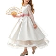 thumbnail image 2 of LEKWK Girls Princess Gown Long Sleeve Lace Satin Formal Midi Dress Bow Waist Tiered Tulle Wedding Flower Girl Dress for Pageant Host Recital Birthday Party, 2 of 8