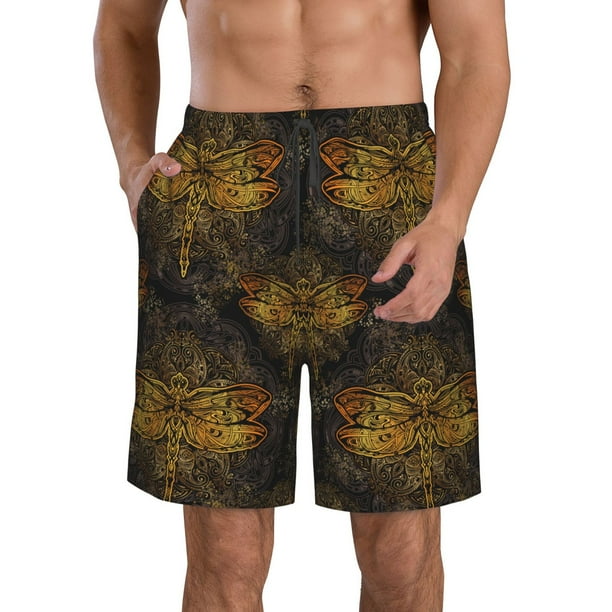 Balery Gold Dragonfly Mandala Traje de Baño Estilo Hawaiano para Hombre, Shorts de Secado Rápido con Bolsillos-3X-Large