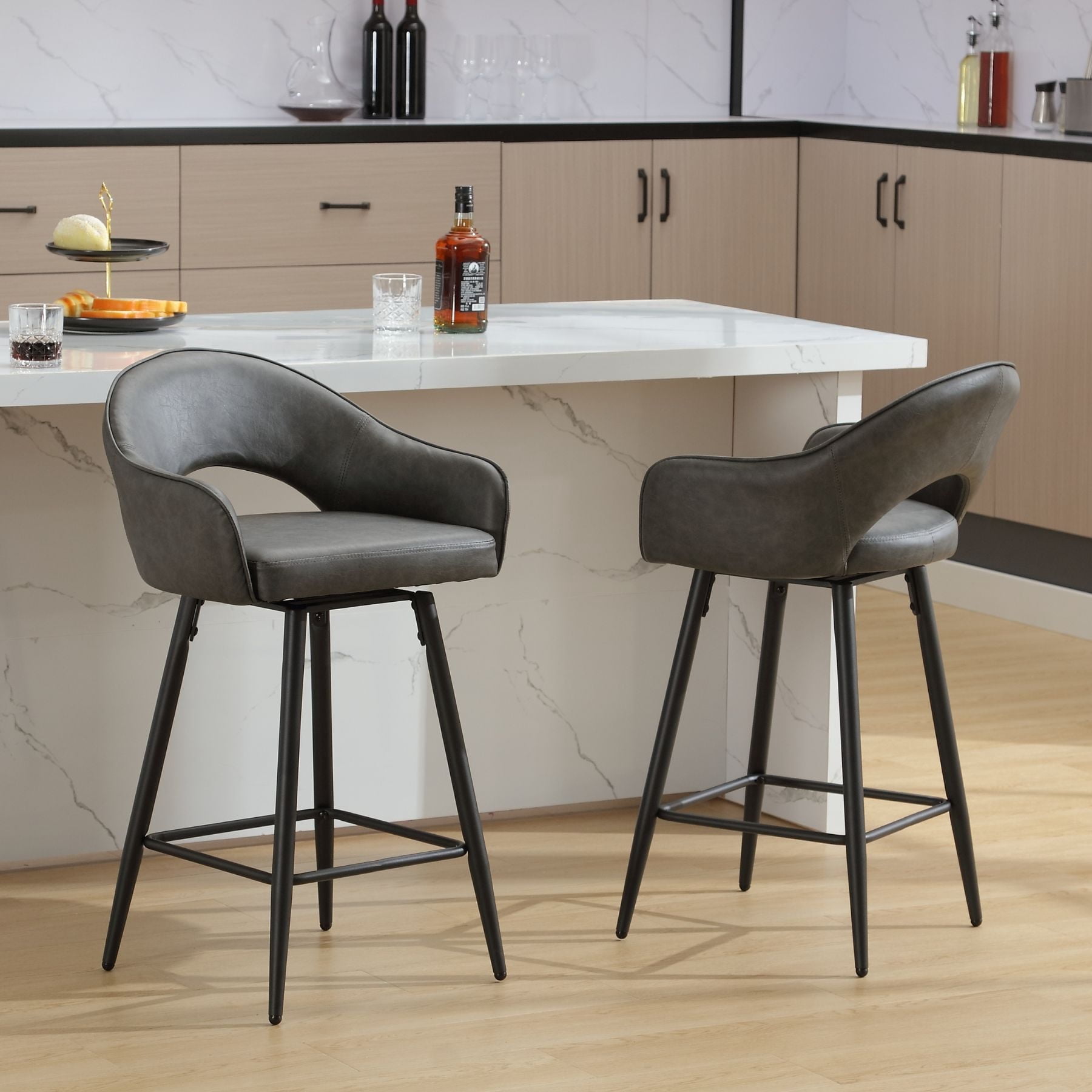 27" Modern Swivel Bar Stools Set of 2, PU Upholstered Counter Height Stools with Metal Legs, Hollow Curved Backrest for Kitchen Island, Home Bar, Bistro,Grey