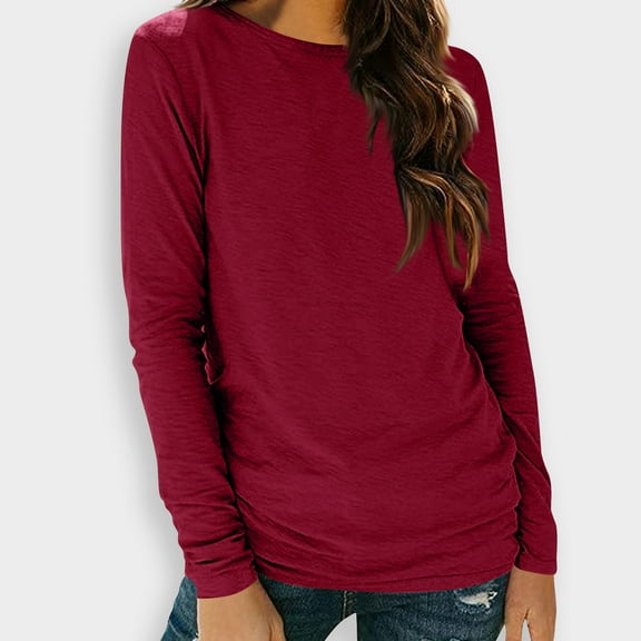 Long Sleeve Shirts for Women Casual Soft Crewneck Basic Tee Tops Spring Outfit Clothes Wine XL