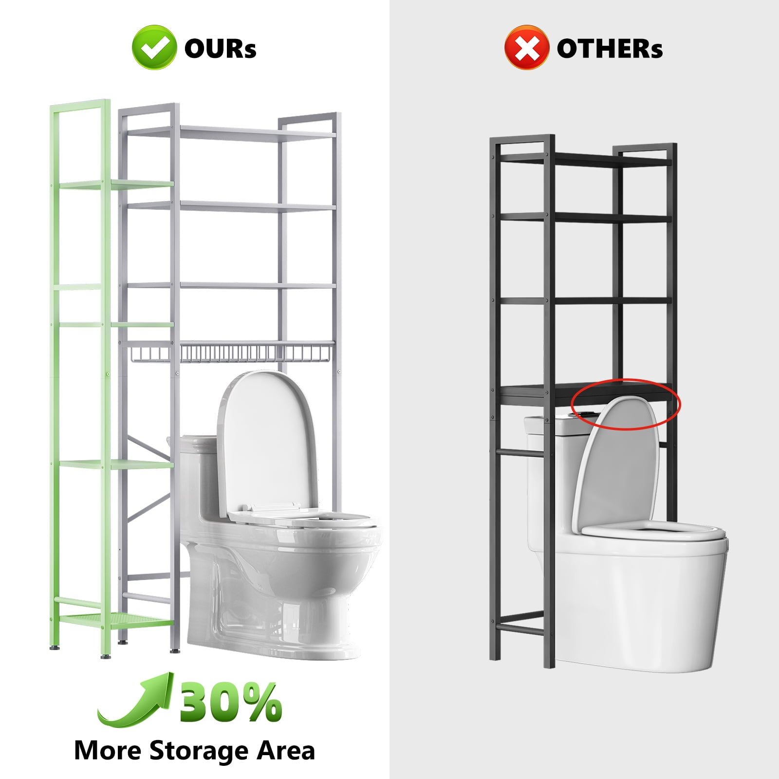 Biemlerfn 8-Tier Over the Toilet Rack, Bathroom Storage Organizer with Adjustable Shelves, Toilet Paper Holder & Hooks, White
