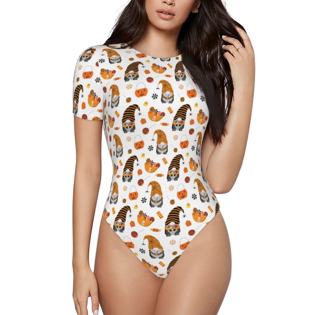 Fotbe Halloween Gnomes Body de Mujer con Cuello Redondo y Mangas Cortas, Sin Mangas Ajustado, Suave, Cómodo y Básico-X-Large