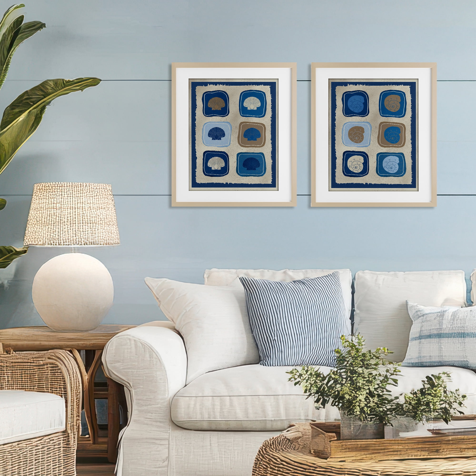 Stupell Industries Blue Blocked Seashells 2 Piece Birch Framed Print Under Glass Set, design by Julia Frost