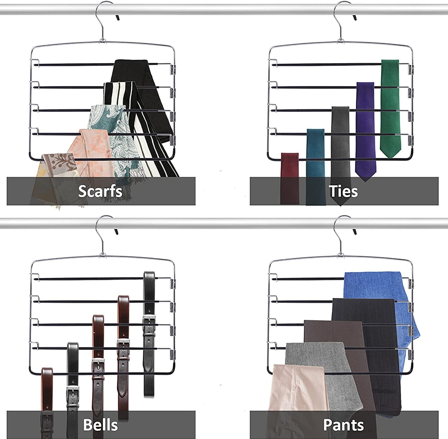Pants Hangers Space Saving 5 Layers Stainless Steel Slack Hangers Jeans Trousers Hangers Non-Slip Foam Padded Swing Arm Clothes Hanger Closet Organizer for Jeans,Scarf,Tie (Black, 3)