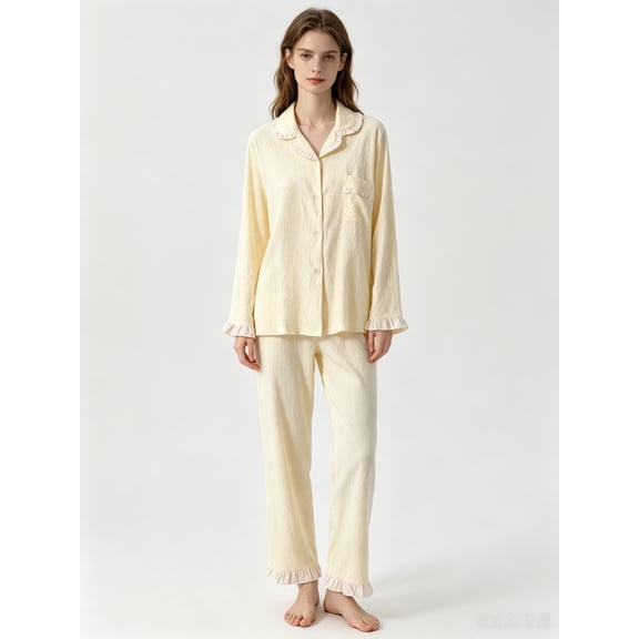 ZunFeo Women's Cotton Pajama Set - Two Piece Long Sleeve Sleepwear with Ruffle Trim,Soft Breathable Loungewear for Sleep & Home,Yellow Size XL