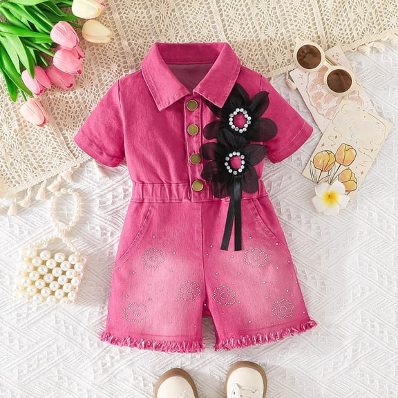 Toddler Girl Jumpsuit Shorts Little Girls Summer Elastic Waisted Overalls Jean Romper One Piece Outfits 12-18M