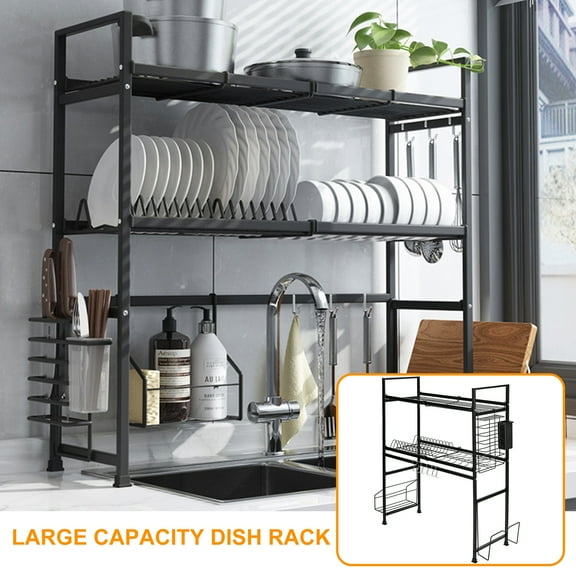 Over The Sink Dish Drying Rack, Length (32.68*11.02*5.12') Large 2 Tier Stainless Steel Dish Dryer Rack for Kitchen Organizer Storage Space Saver Shelf Utensils Holder Drainer