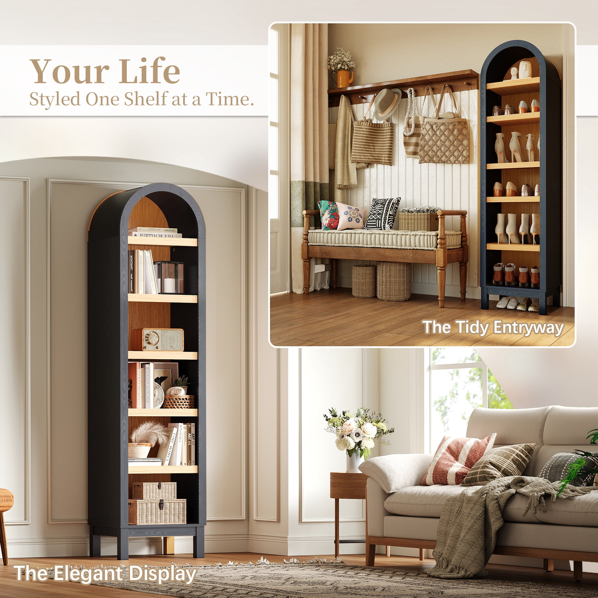 Kromapolis 6-Tier Arched Storage Bookcase with 2 Adjustable Shelves,Narrow Wood Bookshelf Open Display Shelves for Living Room,Entryway,Bedroom,Rich Black and Light Honey,Assembly Require