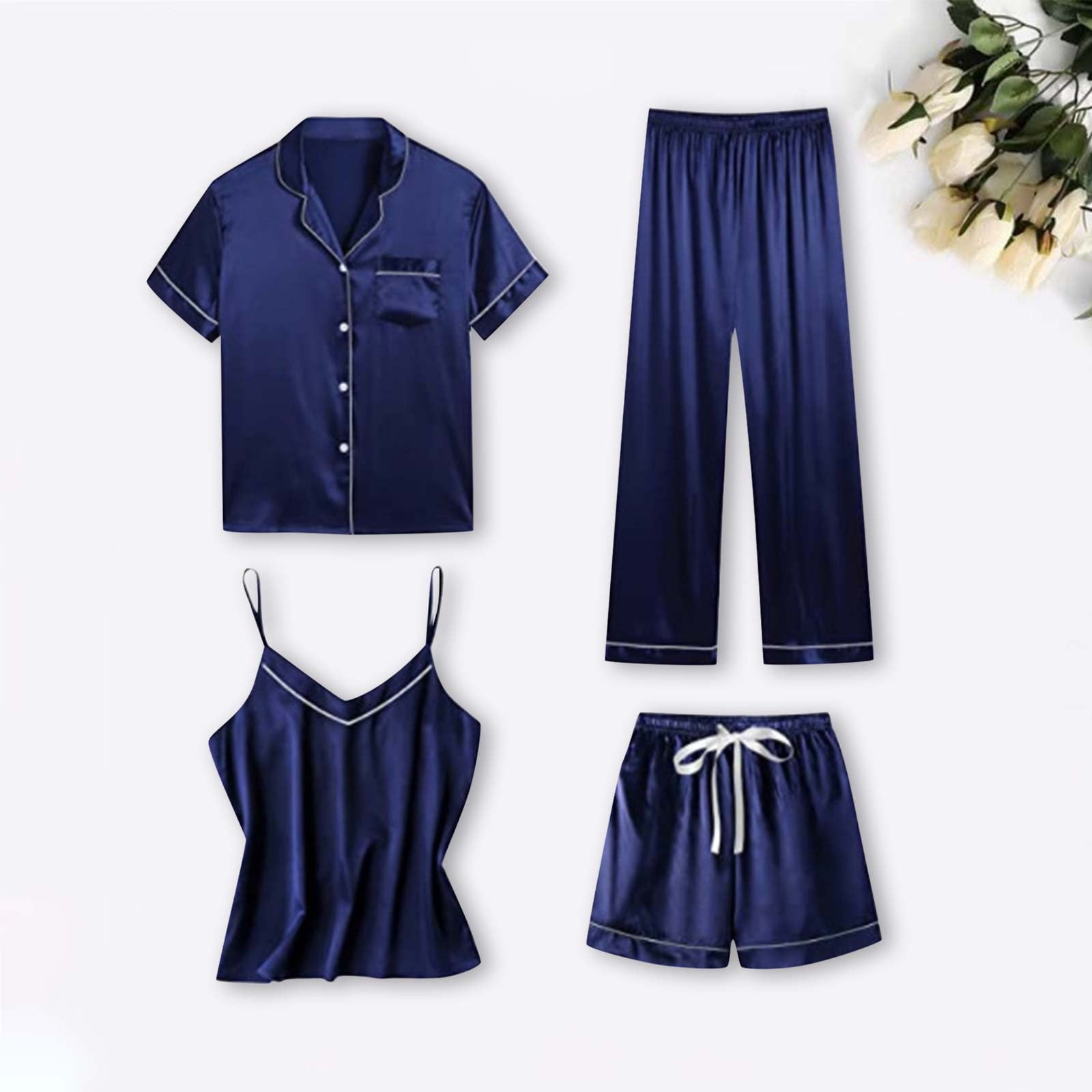 Wolfast Womens 4pcs Pajamas Sets Short Sleeve Camisole with Button Down Shirt Pjs Silk Satin Loungewear Navy XL Walmart