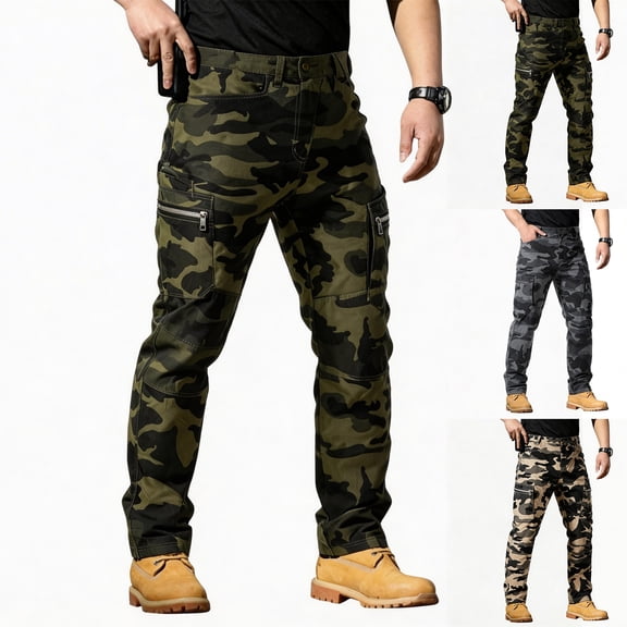 HKYNLAG Cargo Pants for Men Multi-Pocket Tactical Pants Slim Fit Camo Straight Leg Pants Outdoor Camping Fishing Work Hiking Pants Khaki M