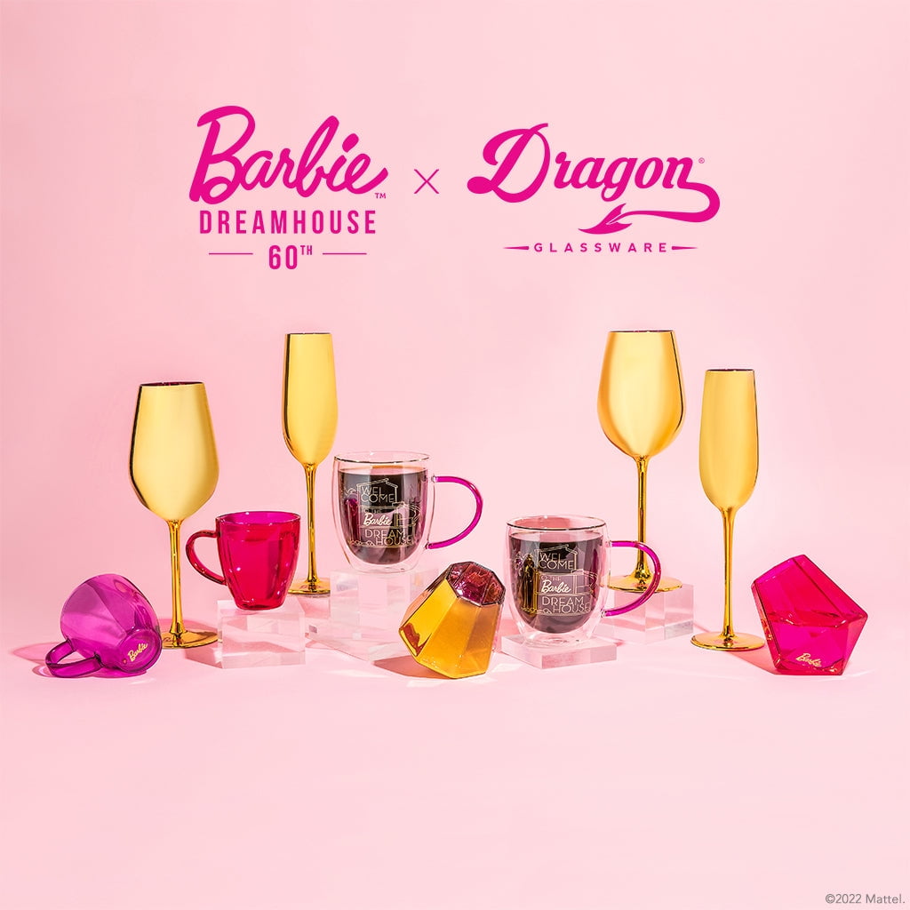 Dragon Glassware x Barbie Stemless Wine Glasses, Pink and Magenta Glass with Finger Indentations, Naturally Aerates Wine, Unique Gift for Wine