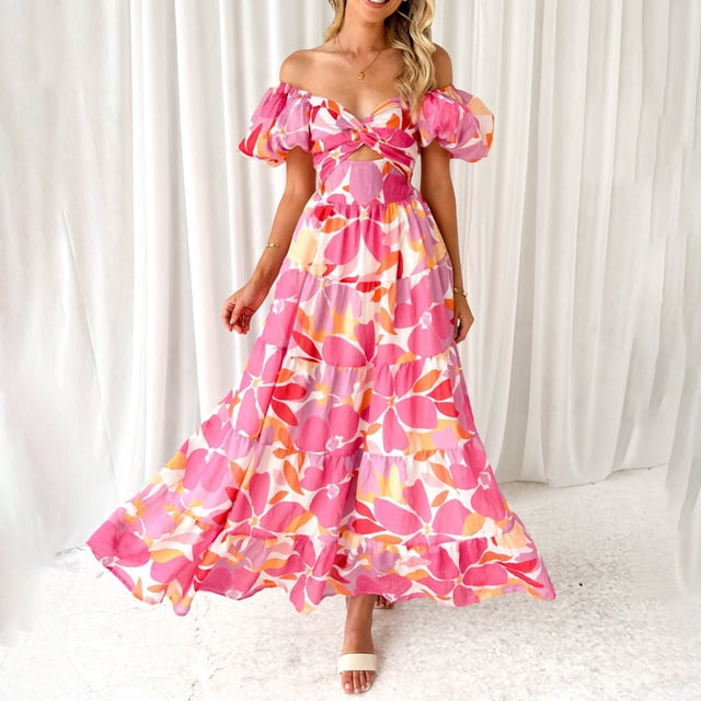 WILLBEST Vestidos de Verano para Mujer, Modernos, Bohemios, con Estampado Floral, Cuello Redondo, Manga Corta, Cuello En V, Vestido Largo Extra Grande