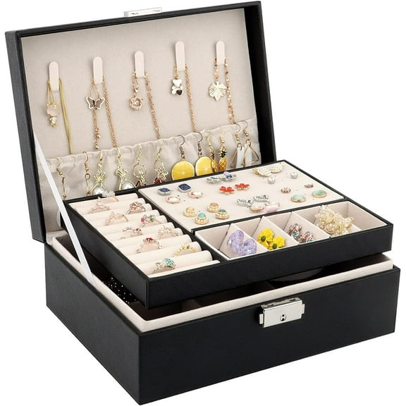 Jewelry Box for Women Girls Girlfriend Wife, Large Leather Jewelry Organizer Storage Case with Two Layers Display for Earrings Bracelets Rings Watches