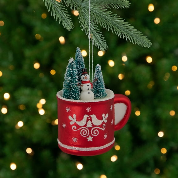 Northlight 4.25" Christmas Trees and Snowman in a Cup Glass Ornament