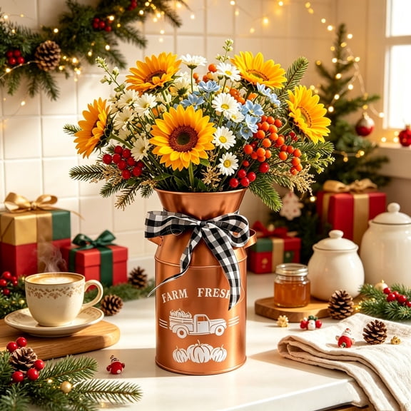 Metal Milk Can Jug, 7.8" Rustic Flowers Vases, Vintage Farmhouse Bucket, French Shabby Chic Decor for Dried Floral Arrangements, Home, Christmas, Wedding Table Centerpiece