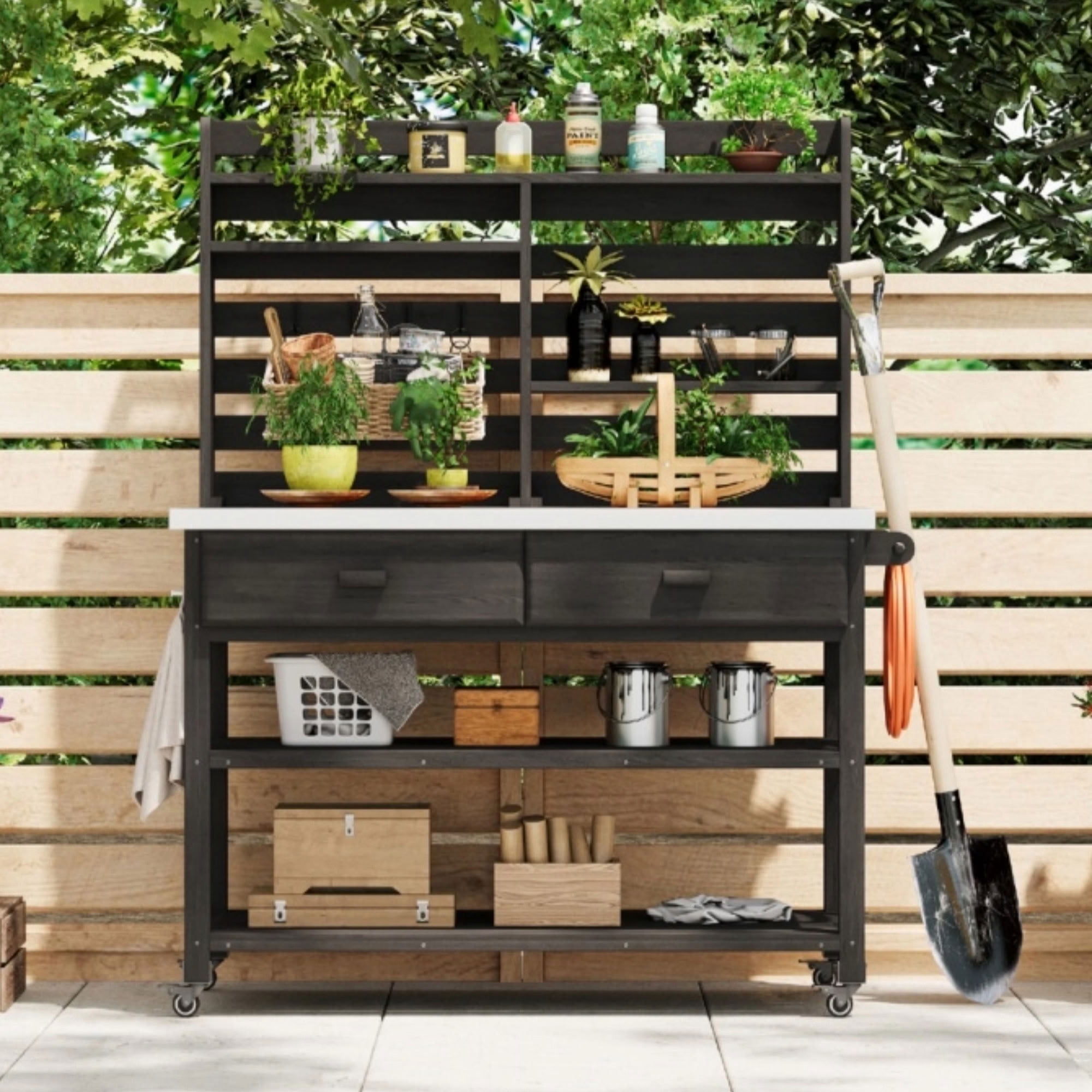 MAYEERTY 65" Tall Outdoor Potting Bench with Lockable Wheels, Wood Outdoor Heavy Duty Workstation for Gardening, Grilling, Patio