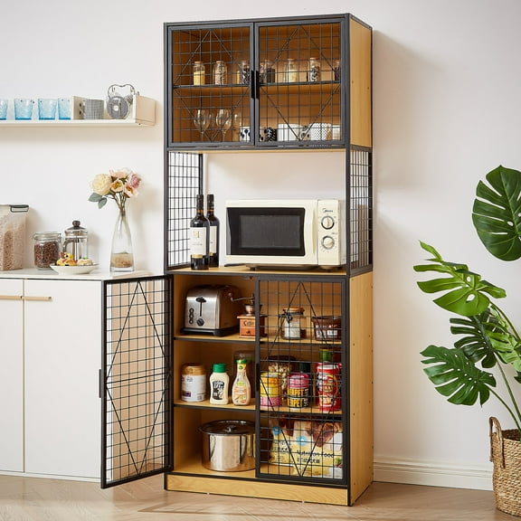 VECELO 72" Kitchen Pantry Cabinet with Door and Shelves, Tall Kitchen Hutch Cabinet with Microwave Stand for Kitchen, Living Room, Dining Room, Oak
