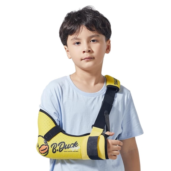 Velpeau Kids Arm Sling Shoulder Immobilizer with Waist Strap -Sponge Filled Holder Support Brace for Child, Boy, Girl (Comfort-Duck Print, Left, XS)