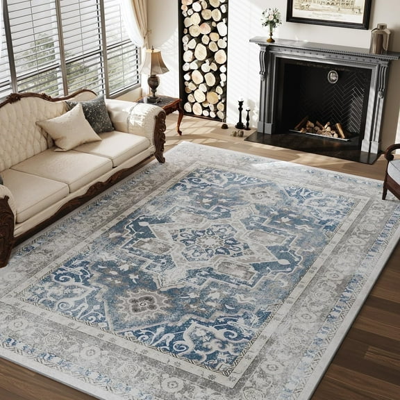 SIXHOME Area Rug 6'x9' Soft Washable Rugs for Living Room Non Slip Carpet Vintage Medallion Bedroom Indoor Floor Rugs Distressed Blue and Cream