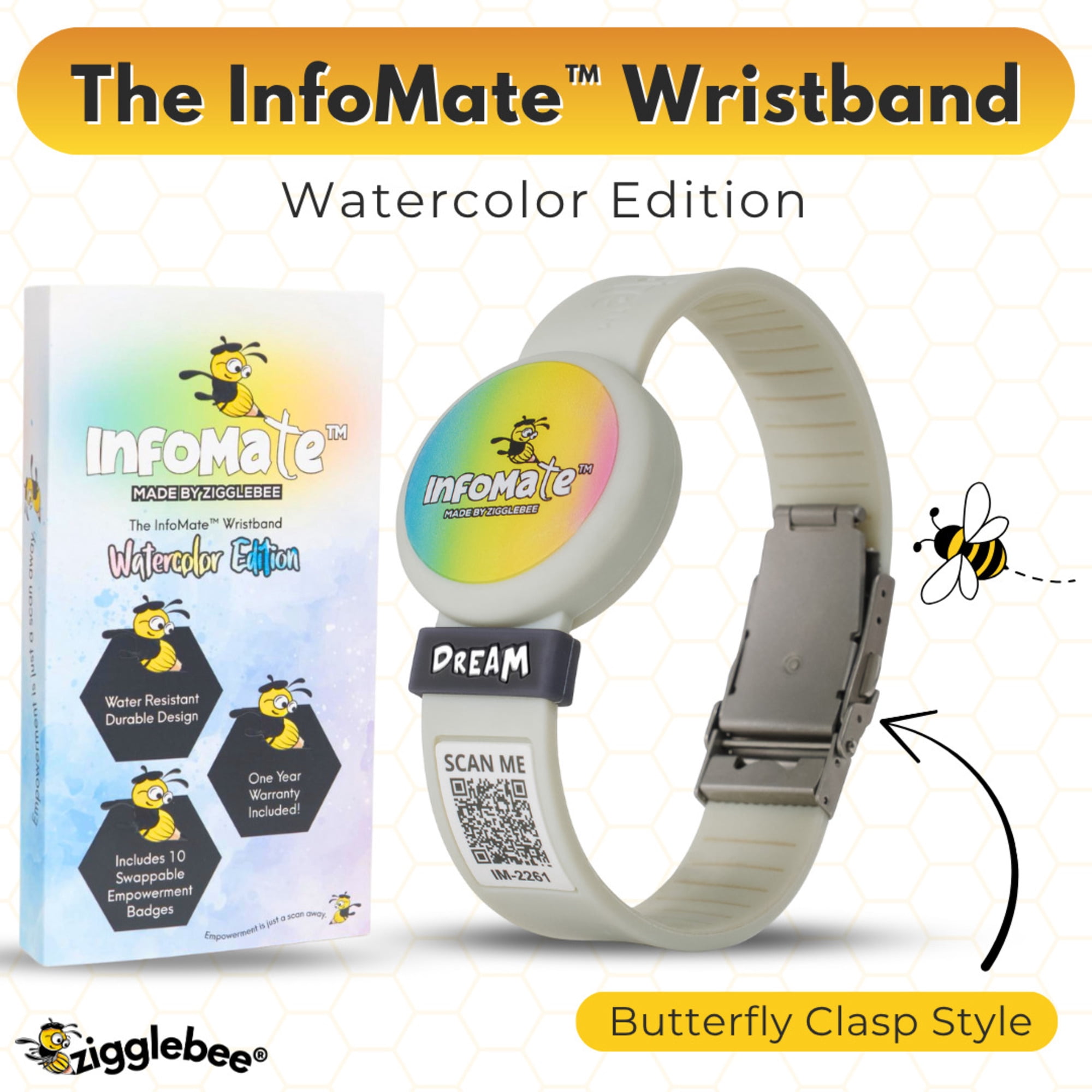 InfoMate by Zigglebee QR Code Medical Bracelet and AirTag Holder Wristband, Cloud Grey, Butterfly Clasp