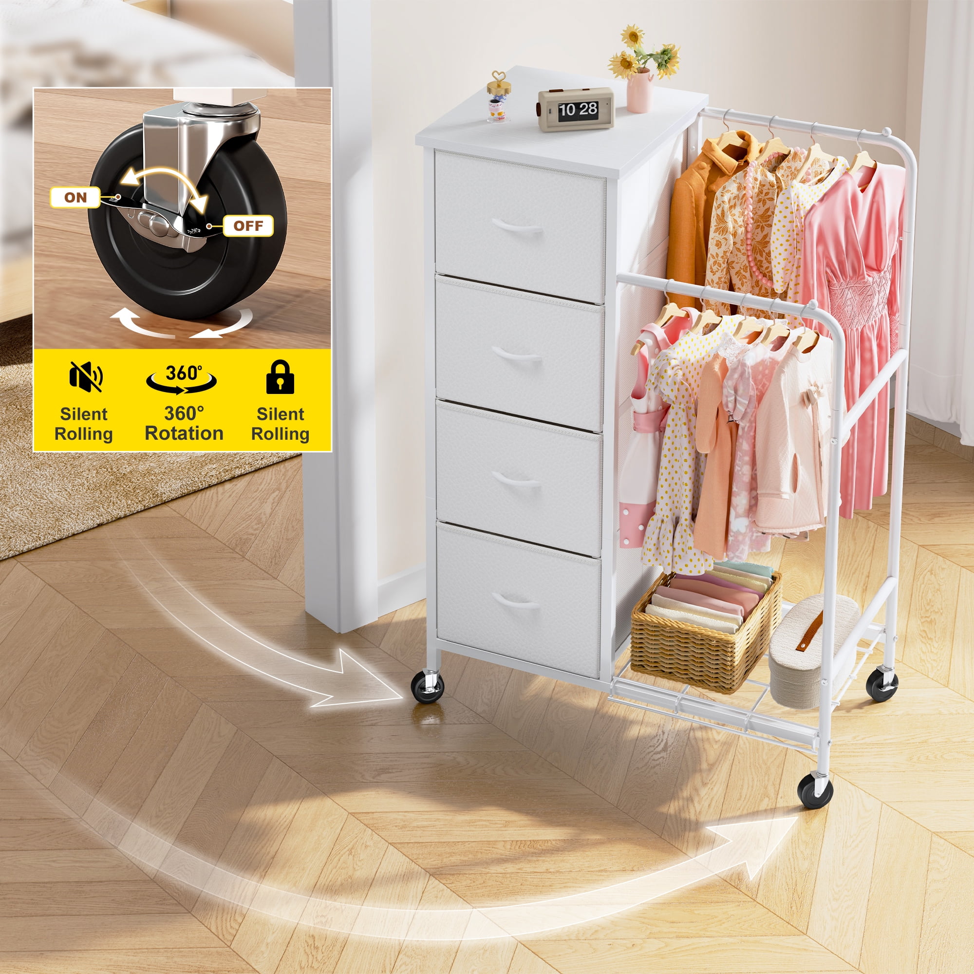 EnHomee Fabric Dresser with 2 Hanging Racks Small Dresser with 4 Drawers for bedroom Small Closet with Clothes Rack, White